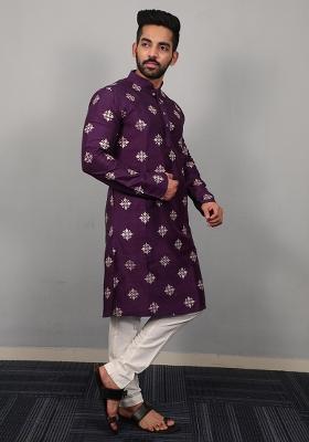 Purple Sequence Work Soft Silk Kurta Set For Men
