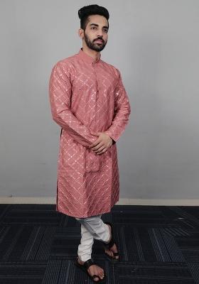 Peach Embroidered Silk Kurta Set For Men