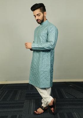 Rama Blue Embroidered Silk Kurta Set For Men