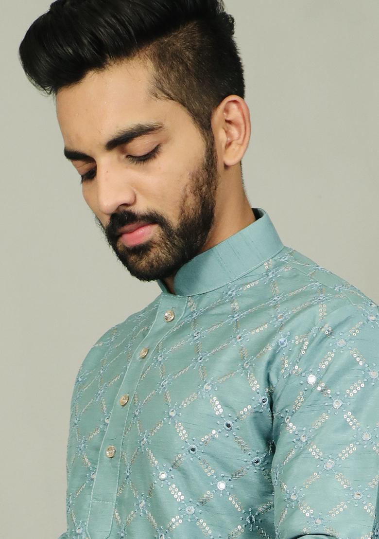 Rama Blue Embroidered Silk Kurta Set For Men