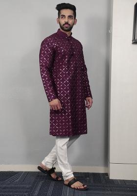 Wine Embroidered Silk Kurta Set For Men