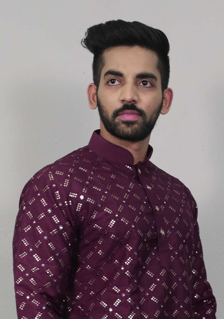 Wine Embroidered Silk Kurta Set For Men - Indya
