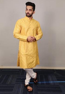 Yellow Embroidered Silk Kurta Set For Men