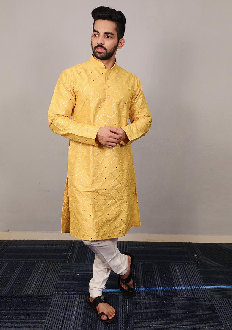 Yellow Embroidered Silk Kurta Set For Men