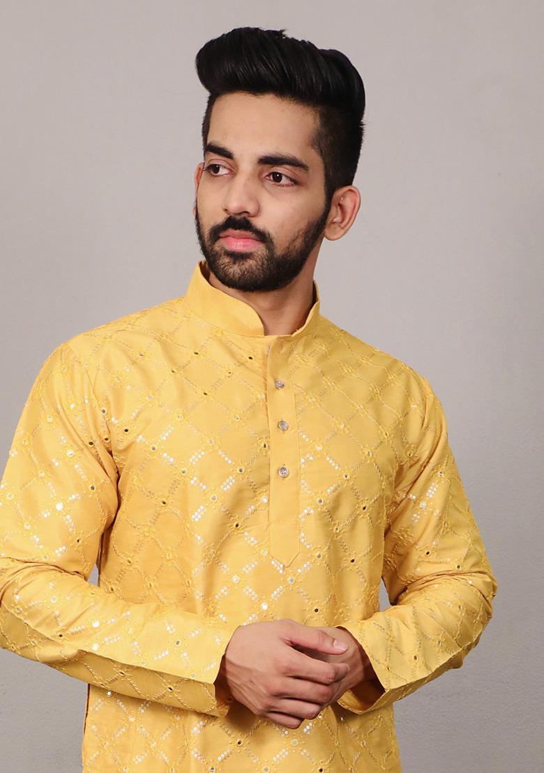 Yellow Embroidered Silk Kurta Set For Men