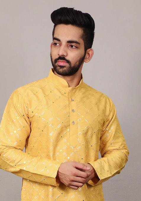 Yellow Embroidered Silk Kurta Set For Men