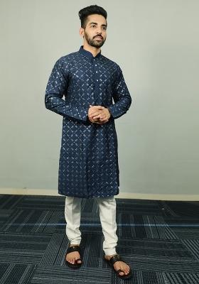 Teal Blue Embroidered Silk Kurta Set For Men
