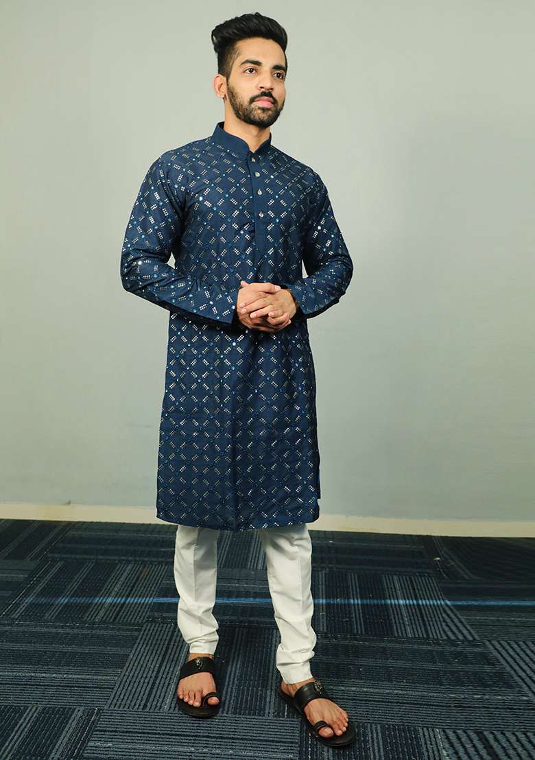 Teal Blue Embroidered Silk Kurta Set For Men - Indya