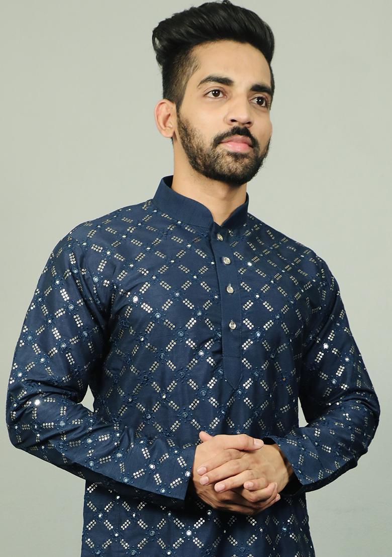 Teal Blue Embroidered Silk Kurta Set For Men