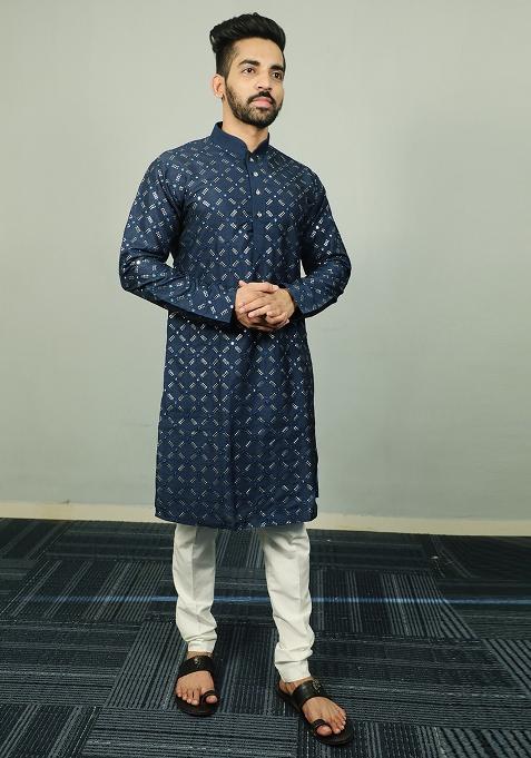 Teal Blue Embroidered Silk Kurta Set For Men
