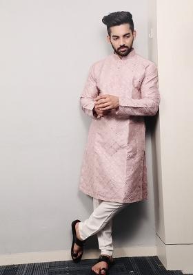 Light Pink Embroidered Silk Kurta Set For Men