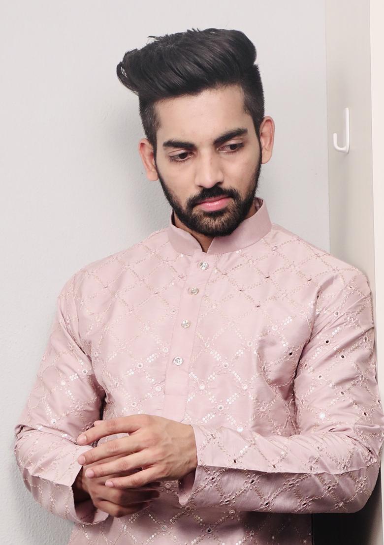 Light Pink Embroidered Silk Kurta Set For Men