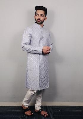 Sky Blue Embroidered Silk Kurta Set For Men