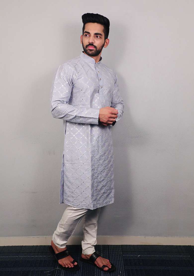 Sky Blue Embroidered Silk Kurta Set For Men - Indya