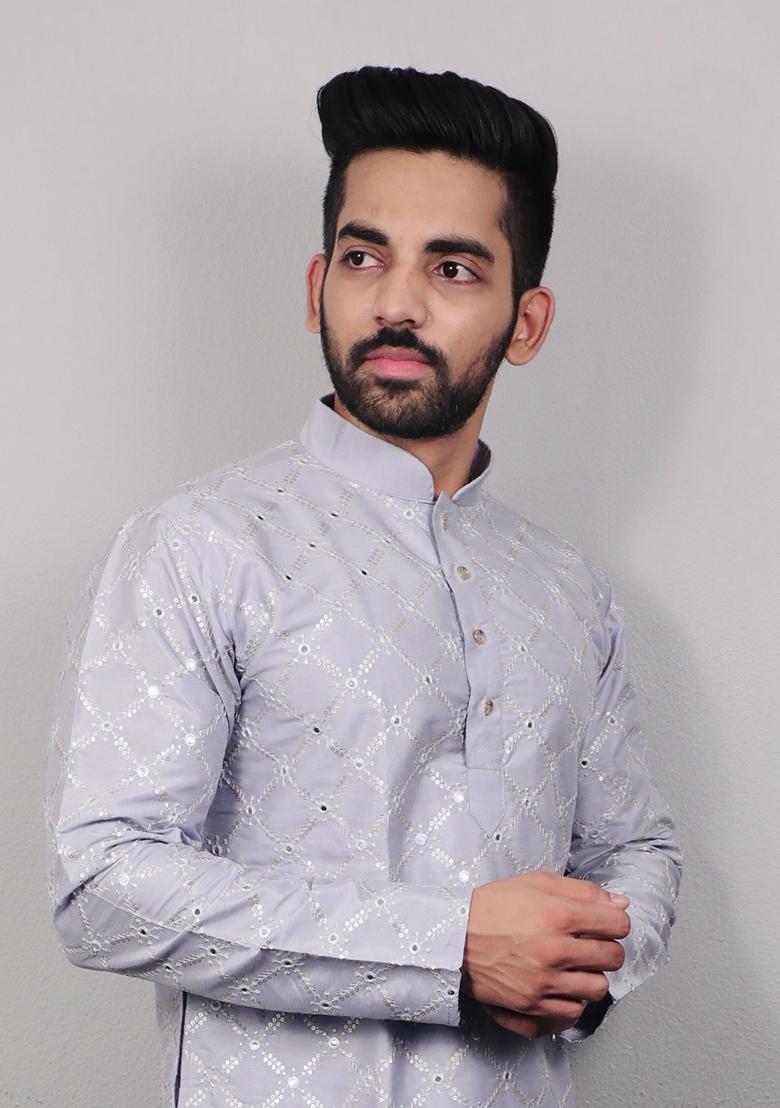 Sky Blue Embroidered Silk Kurta Set For Men