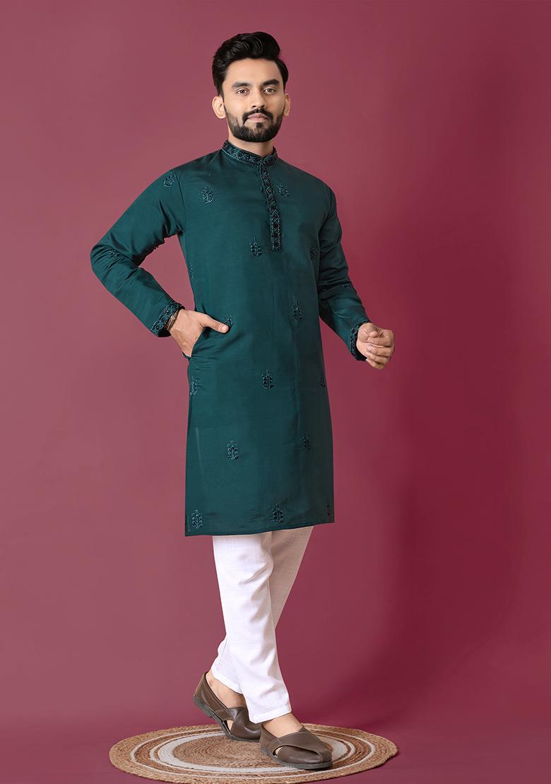 Green Moti Hand Work Roman Silk Kurta Set For Men