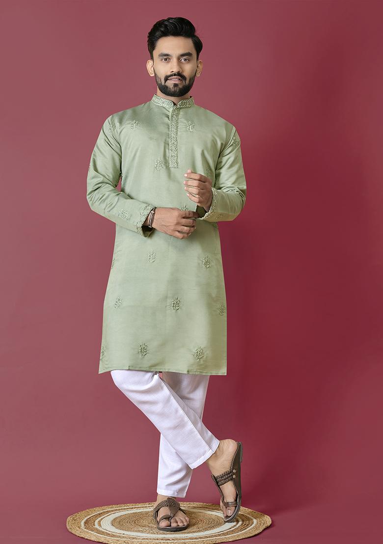 Pista Green Moti Hand Work Roman Silk Kurta Set For Men