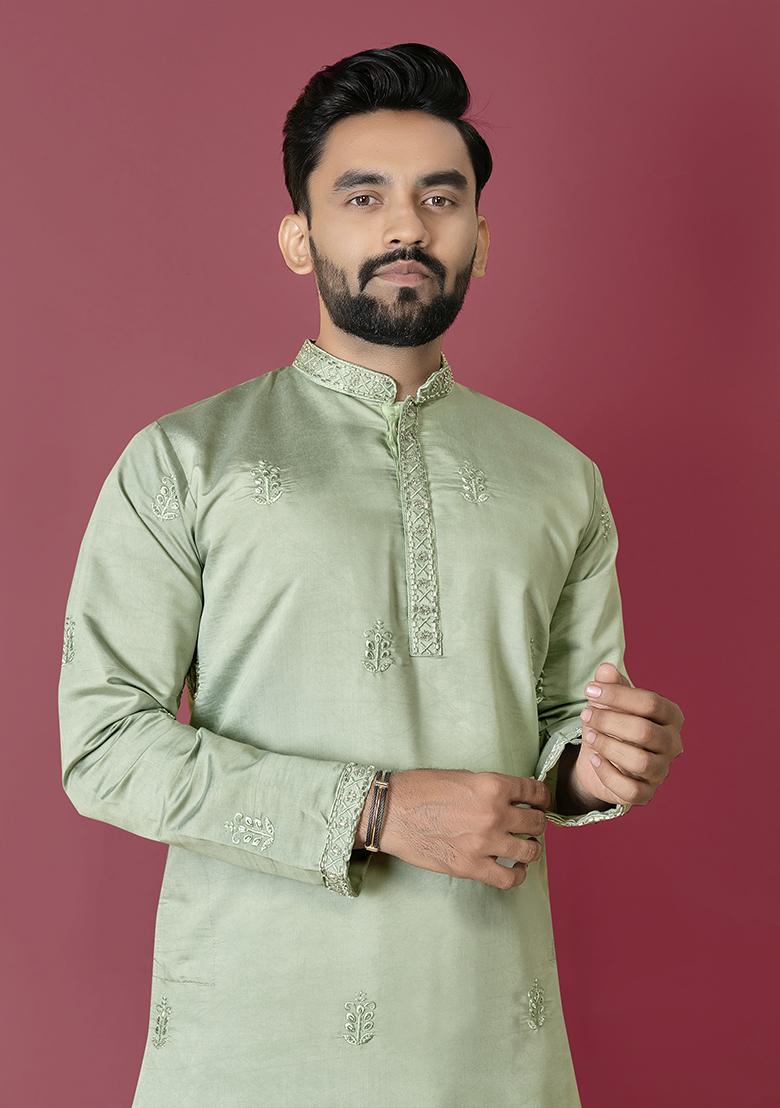 Pista Green Moti Hand Work Roman Silk Kurta Set For Men