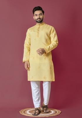 Yellow Moti Hand Work Roman Silk Kurta Set For Men