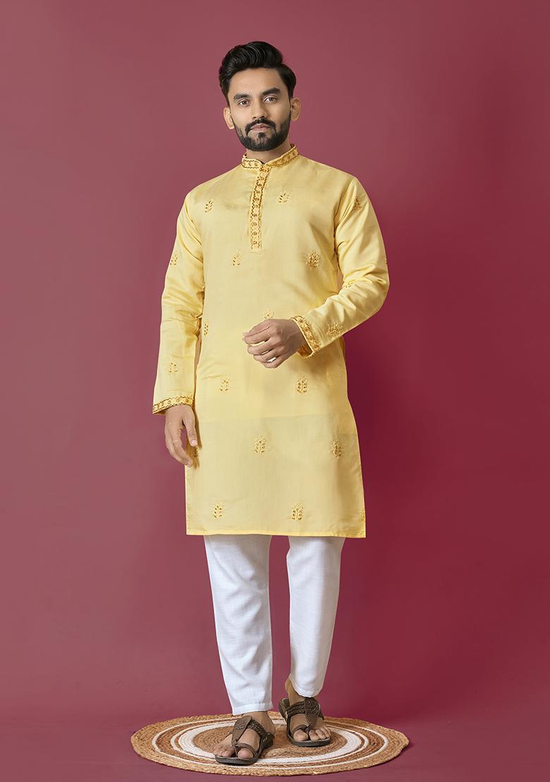 Yellow Moti Hand Work Roman Silk Kurta Set For Men