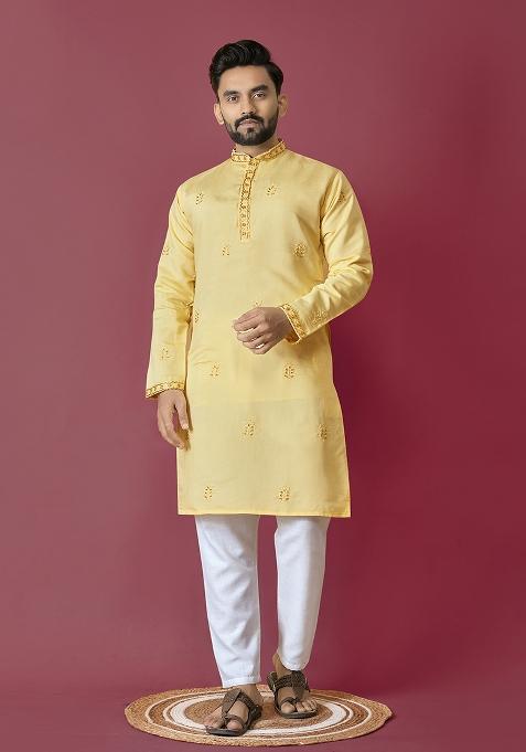 Yellow Moti Hand Work Roman Silk Kurta Set For Men