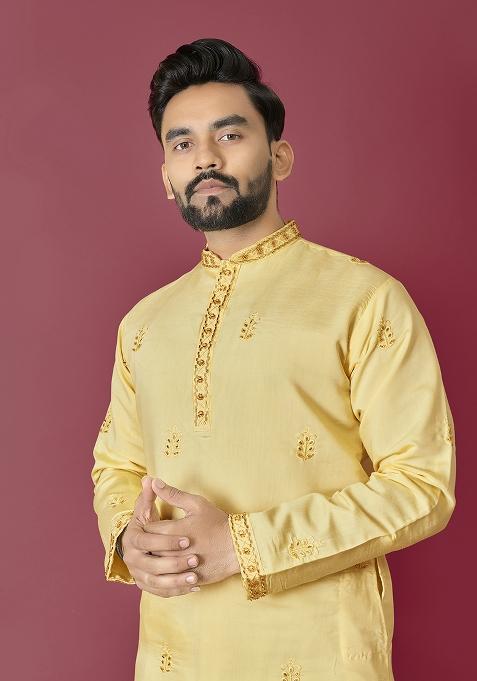 Yellow Moti Hand Work Roman Silk Kurta Set For Men