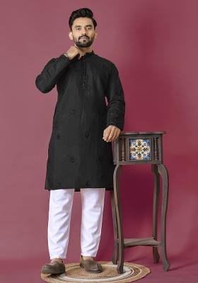 Black Moti Hand Work Roman Silk Kurta Set For Men