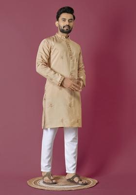 Orange Moti Hand Work Roman Silk Kurta Set For Men