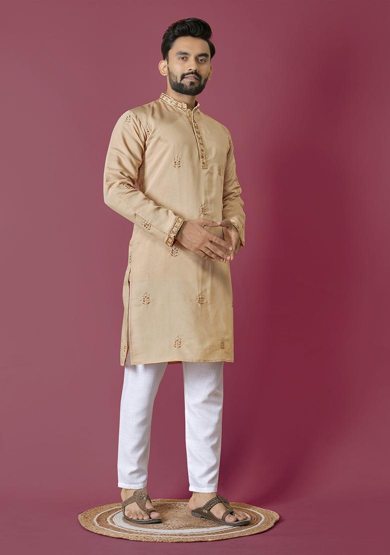 Orange Moti Hand Work Roman Silk Kurta Set For Men