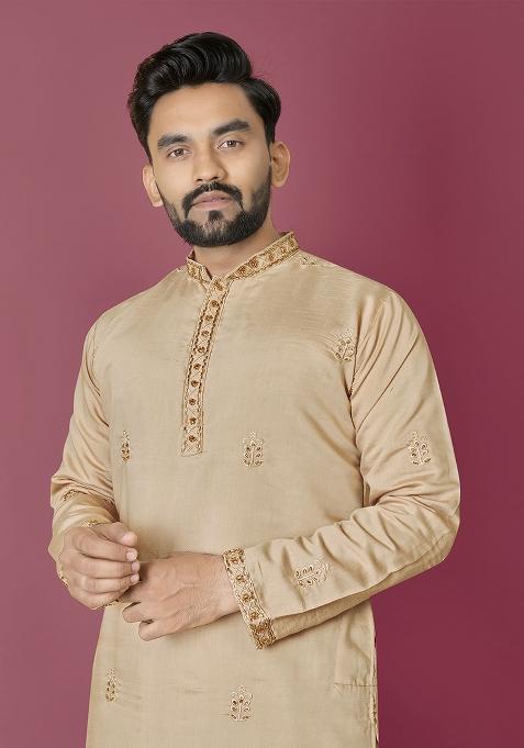 Orange Moti Hand Work Roman Silk Kurta Set For Men