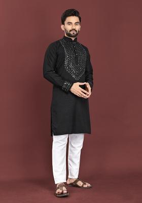 Black Mirror Work Soft Silk Kurta Set For Men