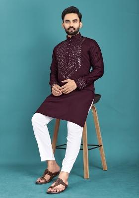 Wine Mirror Work Soft Silk Kurta Set For Men