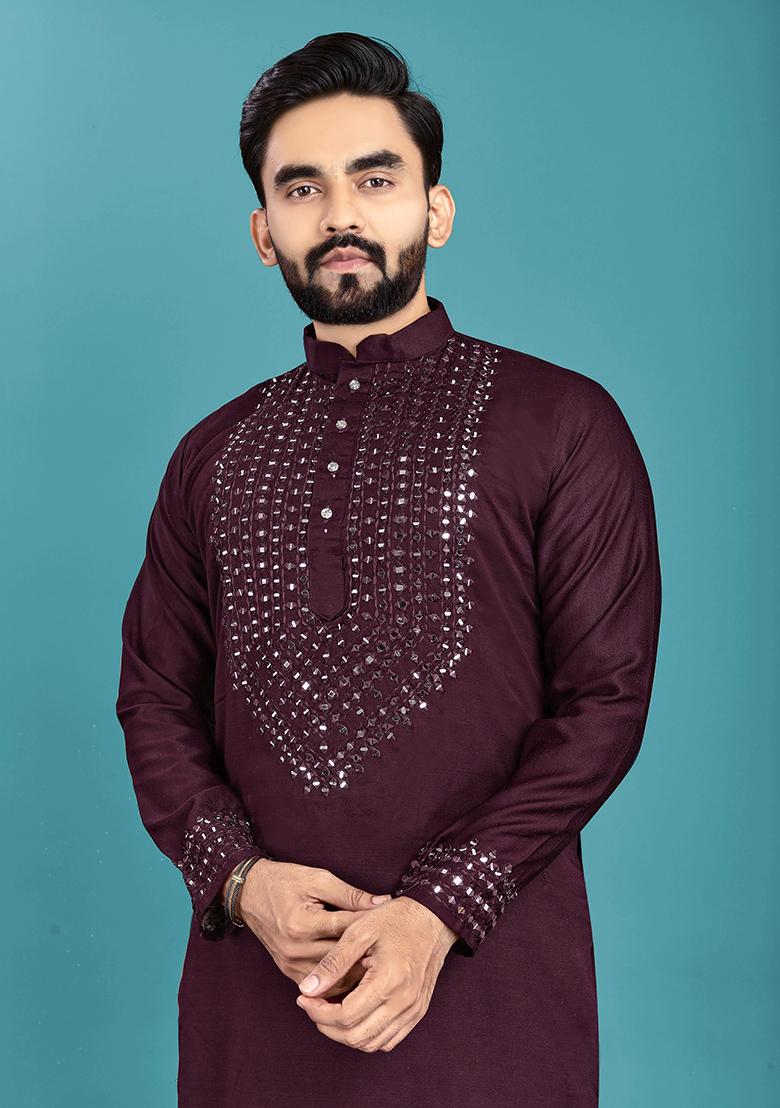 Wine Mirror Work Soft Silk Kurta Set For Men