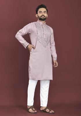Lavender Mirror Work Soft Silk Kurta Set For Men