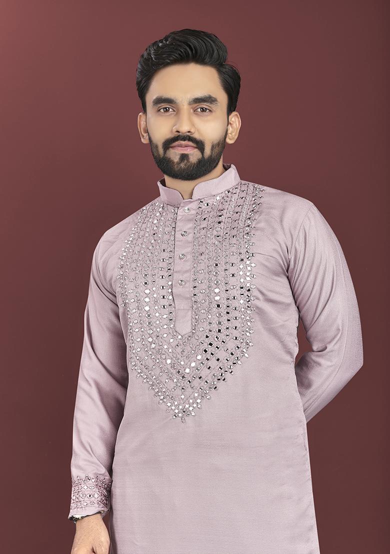 Lavender Mirror Work Soft Silk Kurta Set For Men
