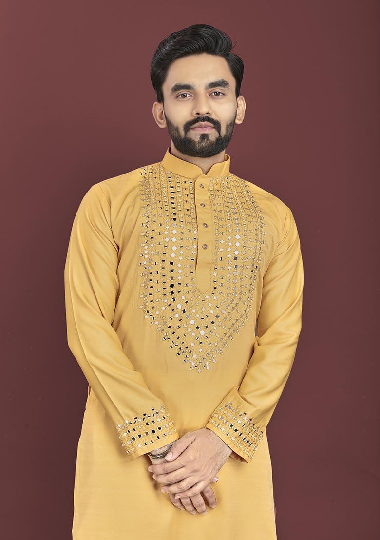 Yellow Mirror Work Soft Silk Kurta Set For Men