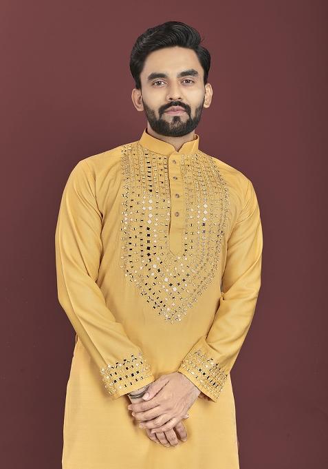 Yellow Mirror Work Soft Silk Kurta Set For Men
