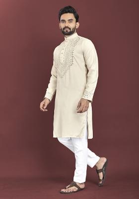 Off White Mirror Work Soft Silk Kurta Set For Men