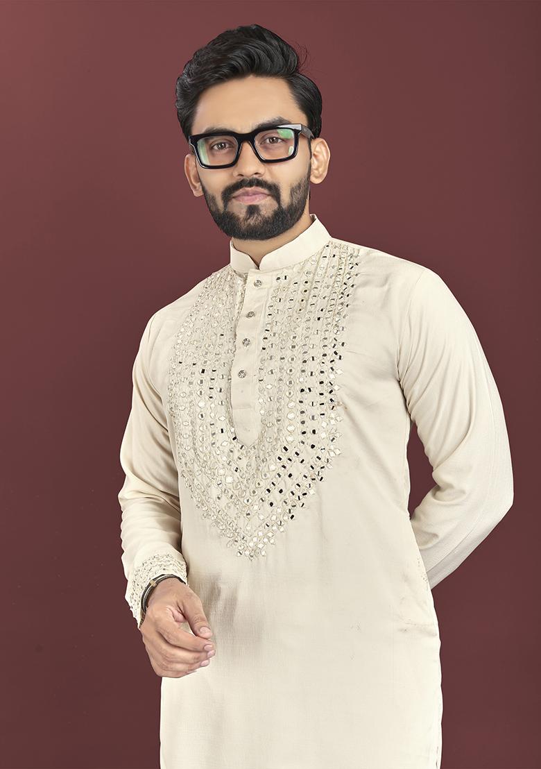 Off White Mirror Work Soft Silk Kurta Set For Men