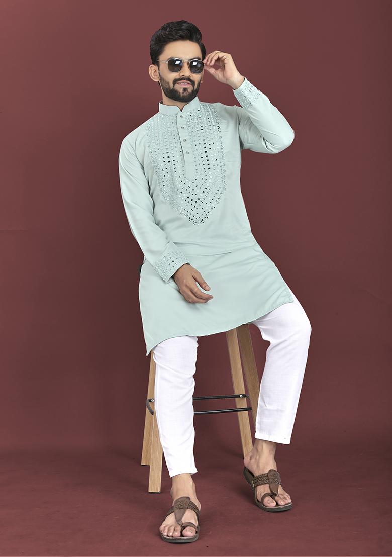 Teal Green Mirror Work Soft Silk Kurta Set For Men