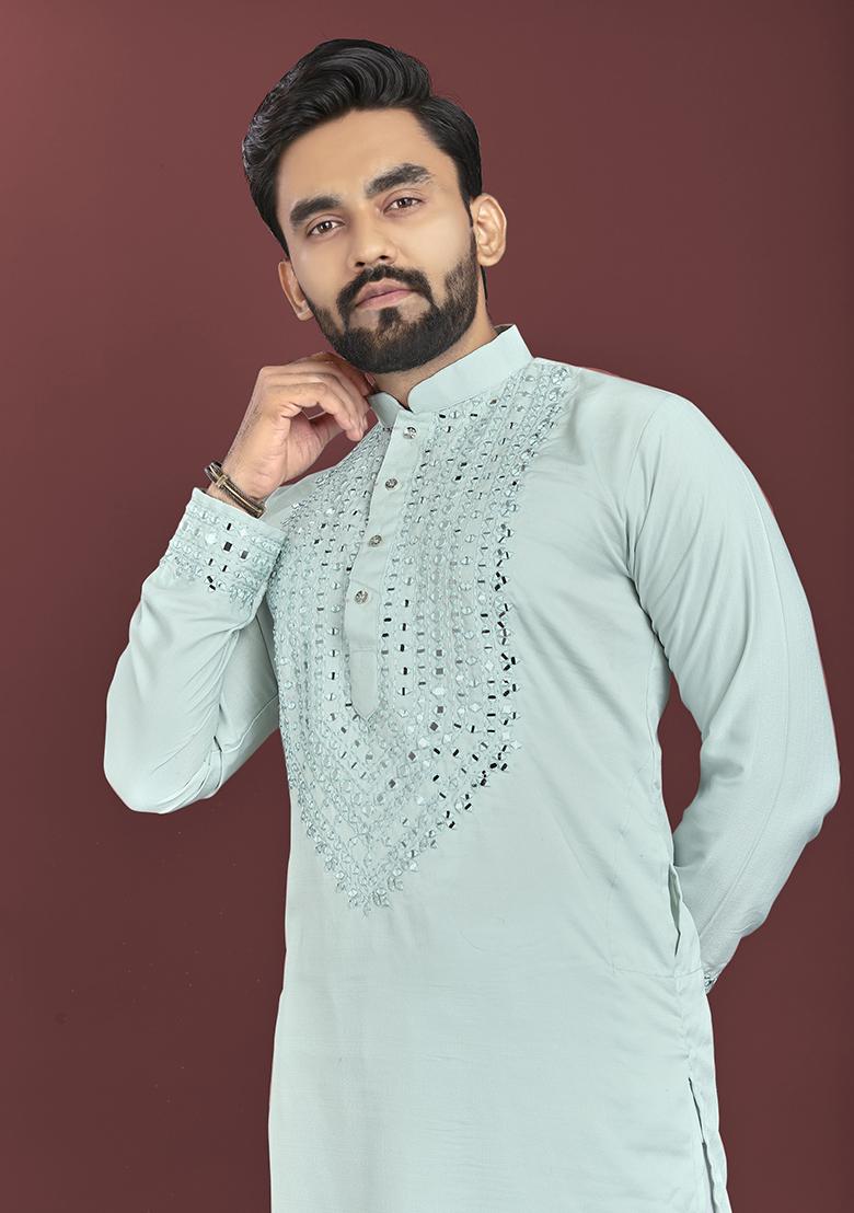 Teal Green Mirror Work Soft Silk Kurta Set For Men