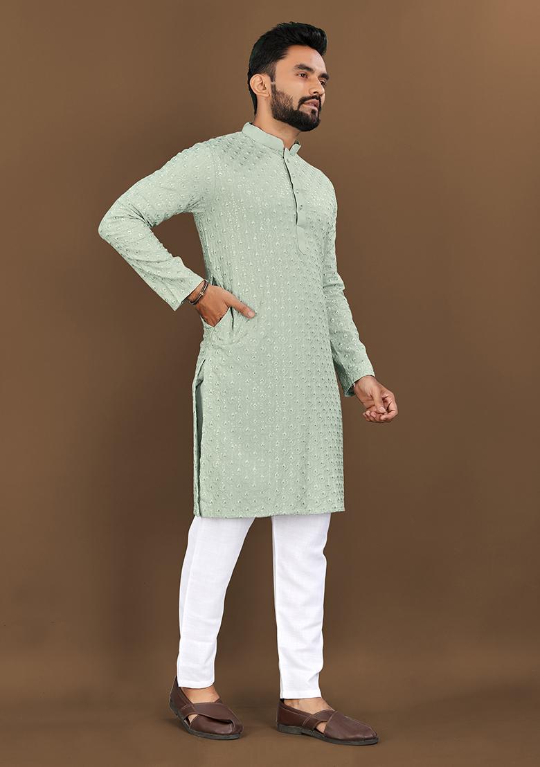 Pista Green Mirror Work Soft Silk Kurta Set For Men