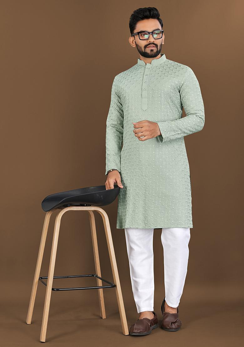 Pista Green Mirror Work Soft Silk Kurta Set For Men