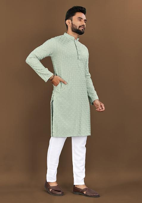 Pista Green Mirror Work Soft Silk Kurta Set For Men