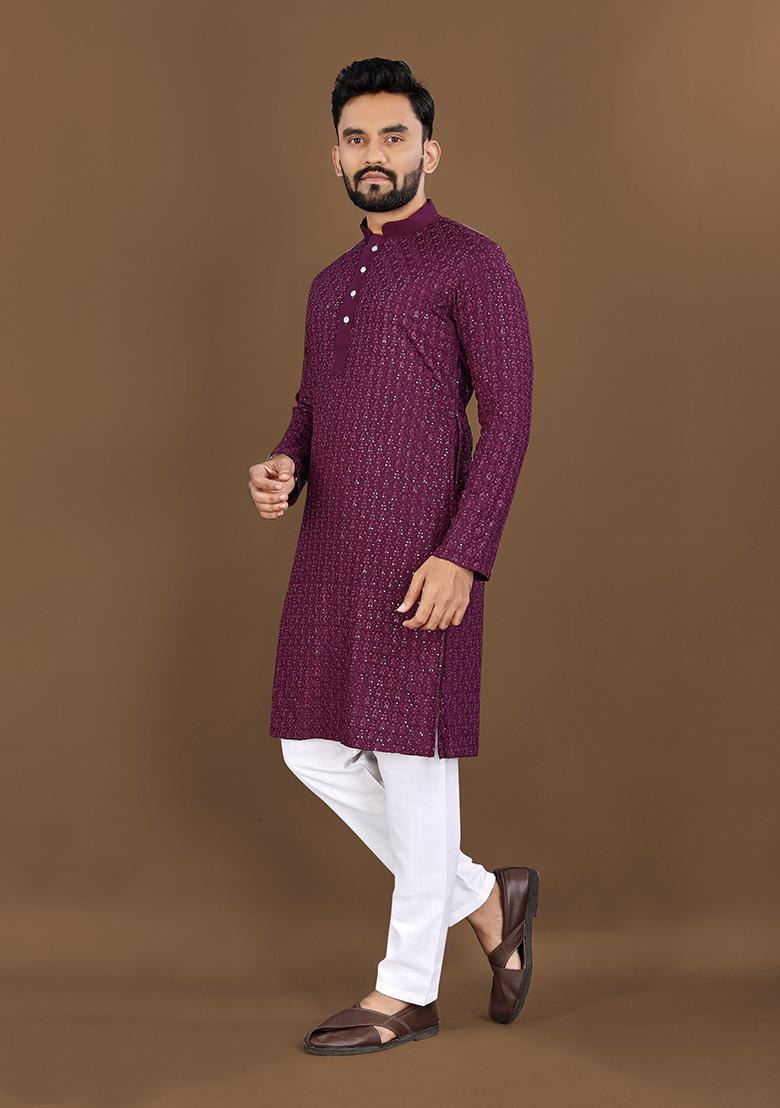 Wine Embroidered Rayon Kurta Set For Men