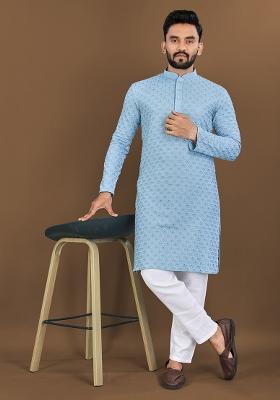 Sky Blue Embroidered Rayon Kurta Set For Men