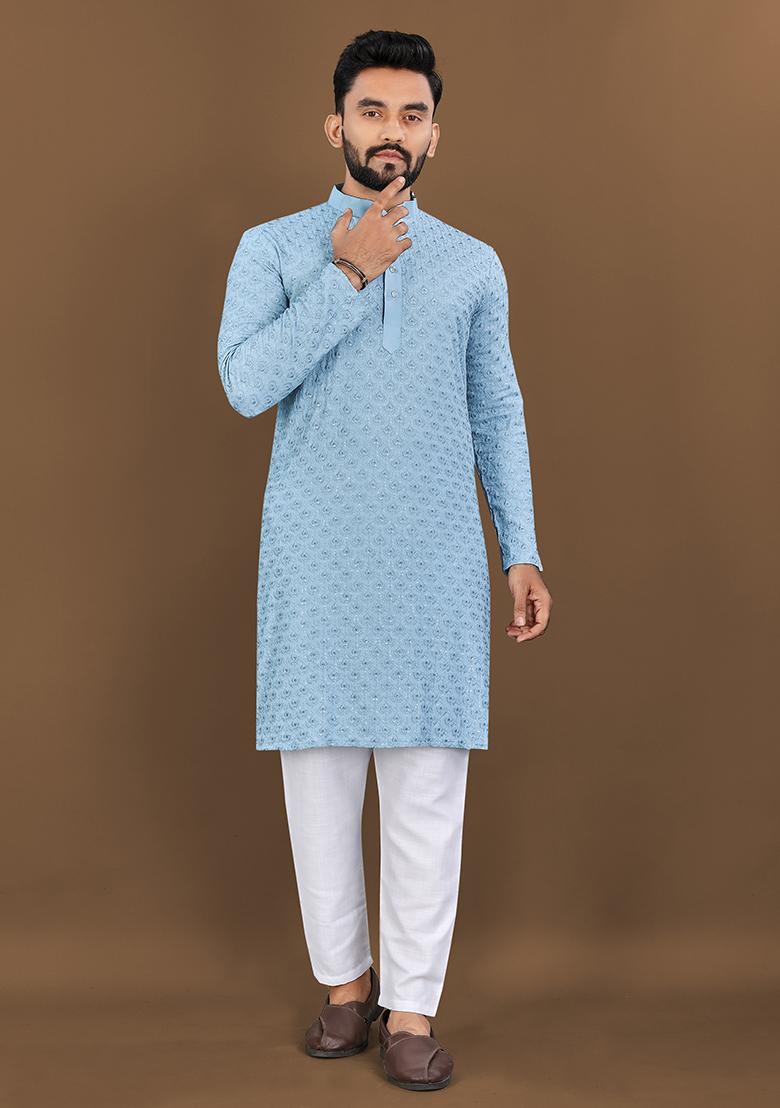 Sky Blue Embroidered Rayon Kurta Set For Men