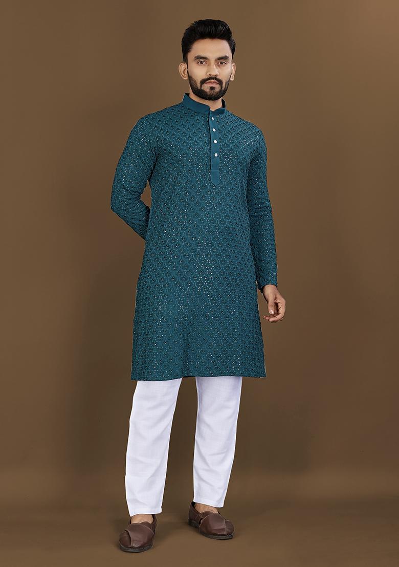 Teal Blue Embroidered Rayon Kurta Set For Men