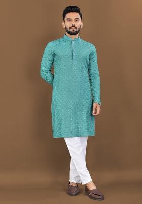 Teal Green Embroidered Rayon Kurta Set For Men