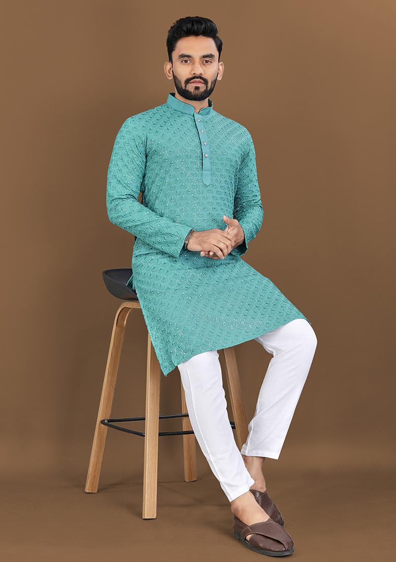 Teal Green Embroidered Rayon Kurta Set For Men